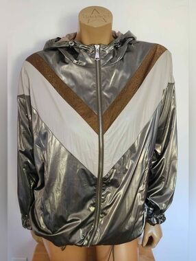 Zara Women's Size XL Wind Breaker Jacket Hooded Shinny Silver Chrome Beautiful